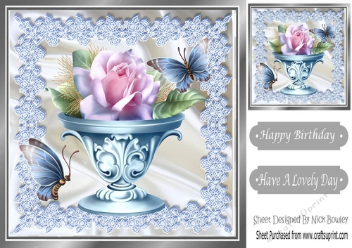 pretty pink roses, blue butterflies in a vase with lace & satin 8x8