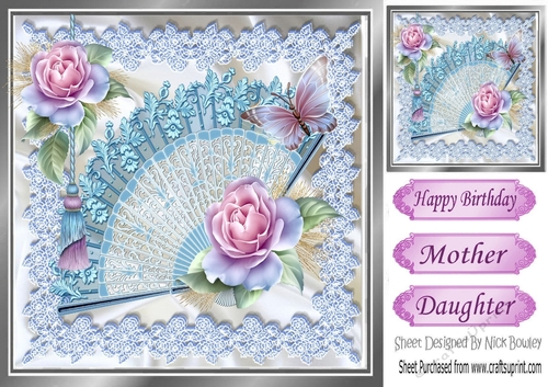 pretty pink roses, butterflies on a fan with lace & satin 8x8