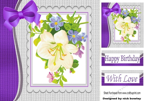 Pretty painted flowers with purple bow in scalloped frame 8x8