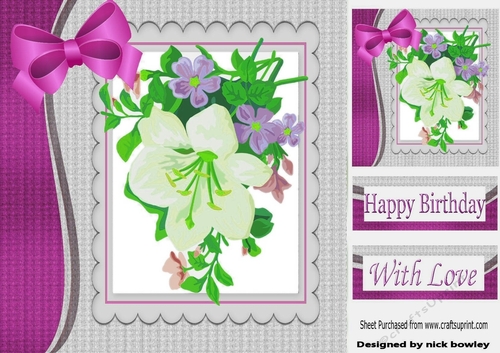 Pretty painted flowers with pink bow in scalloped frame 8x8