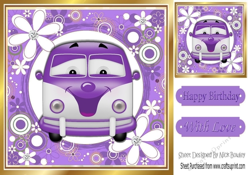 Toony Campervan in funky purple flower 8x8 frame