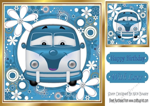 Toony Campervan in funky blue flower 8x8 frame