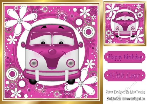 Toony Campervan in funky pink flower 8x8 frame