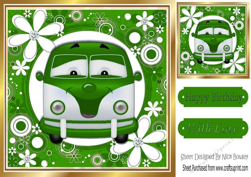 Toony Campervan in funky green flower 8x8 frame