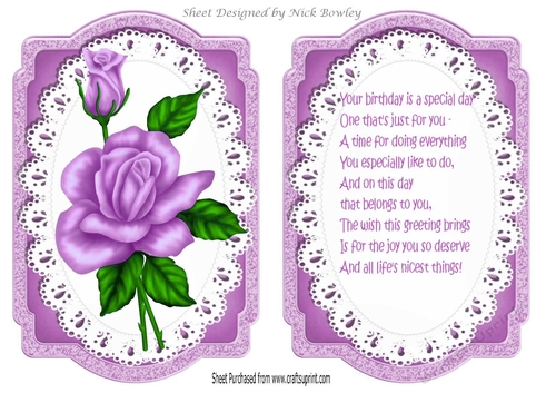 lilac roses on lace card front and  insert A5
