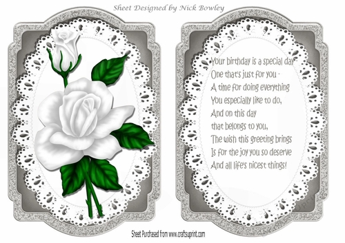 white roses on lace card front and  insert A5