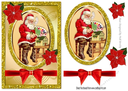 Santa in his workshop with bow and holly card front A5