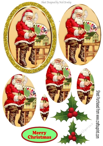 Santa in his workshop with holly in gold glitter oval pyramids