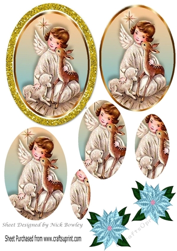 Oval pyramids in glitter frame of a sweet angel & deer