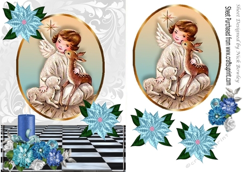 Sweet Angel with deer in glitter frame & blue candle & poinsettias A5