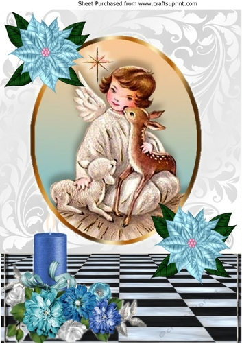 Sweet Angel with deer in glitter frame & blue candle & poinsettias A4