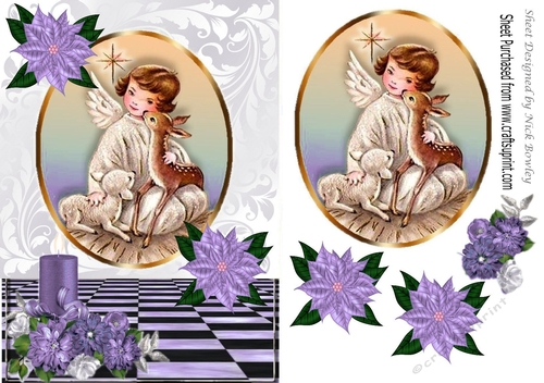 Sweet Angel with deer in glitter frame & lilac candle & poinsettias A5