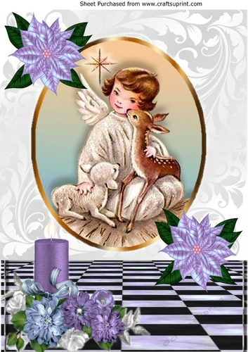 Sweet Angel with deer in glitter frame & lilac candle & poinsettias A4