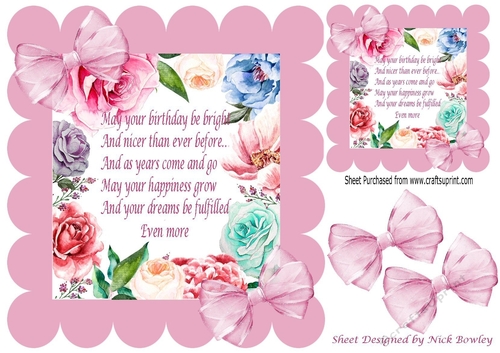 Pretty scalloped frame of a mixture of roses & flowers & bows with verse 8x8