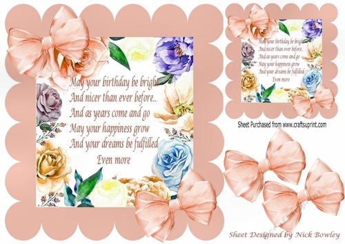 Pretty scalloped frame of a mixture of roses & flowers & peach bows with verse 8x8