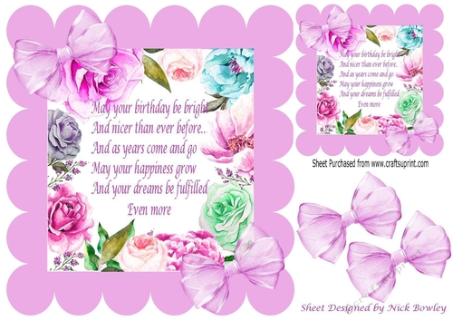 Pretty scalloped frame of a mixture of roses & flowers & lilac bows with verse 8x8