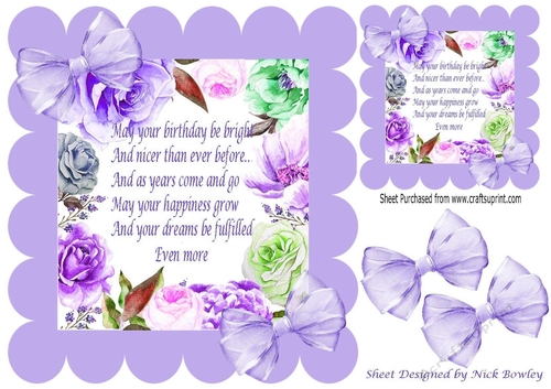 Pretty scalloped frame of a mixture of roses & flowers & purple bows with verse 8x8