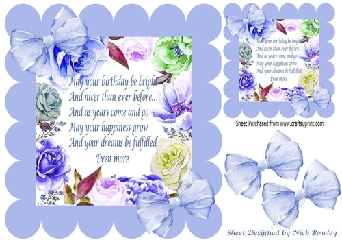 Pretty scalloped frame of a mixture of roses & flowers & blue bows with verse 8x8