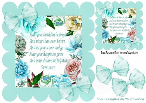 Pretty scalloped frame of a mixture of roses & flowers & turq bows with verse 8x8