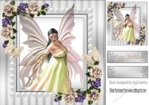 Beautiful fantasy Angel with purple roses and butterflies 8x8