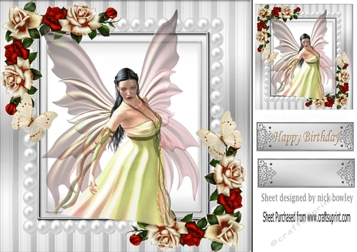Beautiful fantasy Angel with red roses and butterflies 8x8