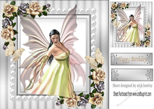 Beautiful fantasy Angel with silver roses and butterflies 8x8