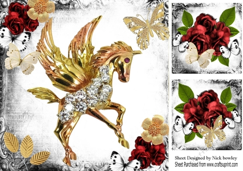 Fantasy & Gothic Gold Unicorn, red roses & butterflies 8x8
