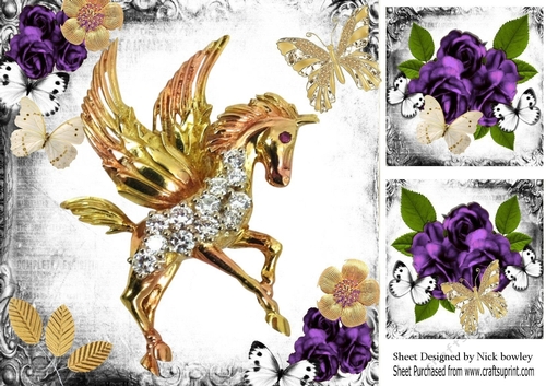 Fantasy & Gothic Gold Unicorn,purple roses & butterflies 8x8