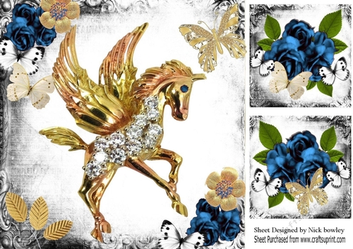 Fantasy & Gothic Gold Unicorn, blue roses & butterflies 8x8