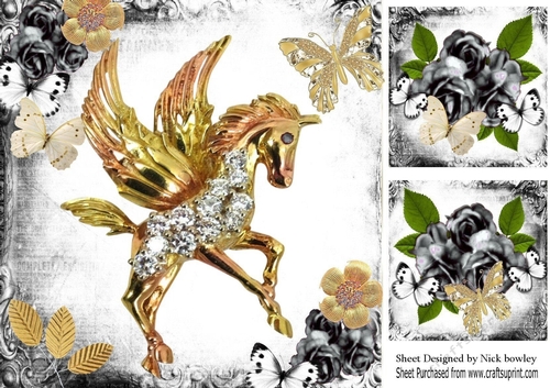 Fantasy & Gothic Gold Unicorn, silver roses & butterflies 8x8