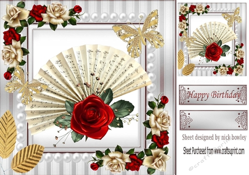 Beautiful Script Fan with red roses & butterflies 8x8
