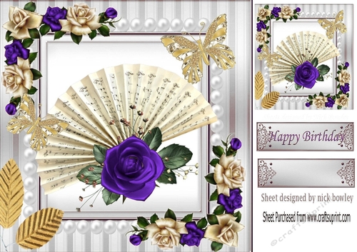 Beautiful Script Fan with purple roses & butterflies 8x8