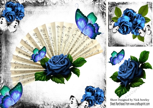 Pretty blue roses with fan & butterfliesin gothic 8x8 frame