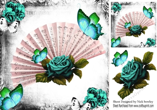 Pretty turq roses with fan & butterfliesin gothic 8x8 frame