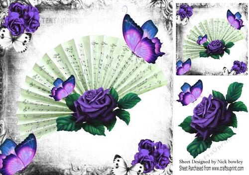 Pretty purple roses with fan & butterfliesin gothic 8x8 frame