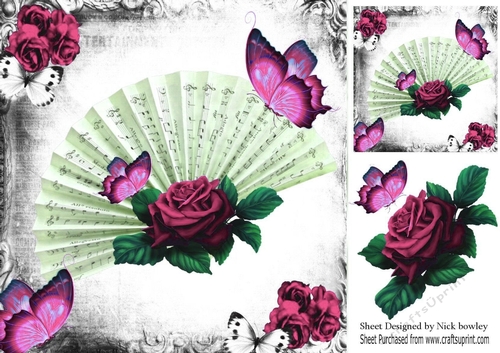 Pretty pink roses with fan & butterfliesin gothic 8x8 frame