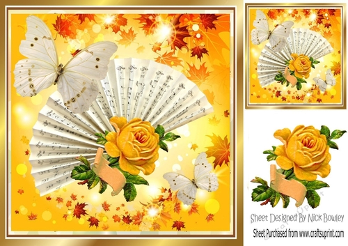 Pretty Yellow vintage rose & scroll on a fan with script & butterflies 8x8