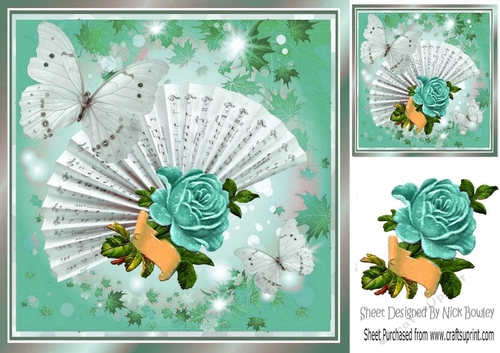 Pretty turq vintage rose & scroll on a fan with script & butterflies 8x8