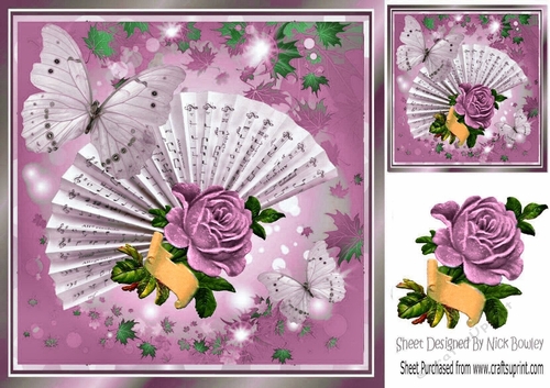 Pretty pink vintage rose & scroll on a fan with script & butterflies 8x8