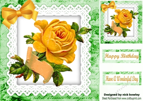 Pretty yellow vintage rose with scroll on lace 8x8