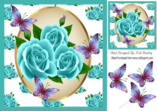 Pretty Turq roses in oval frame with purple butterflies 8x8