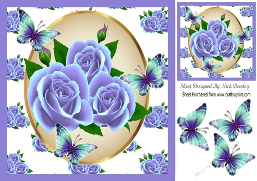 Pretty purple roses in oval frame with turq butterflies 8x8