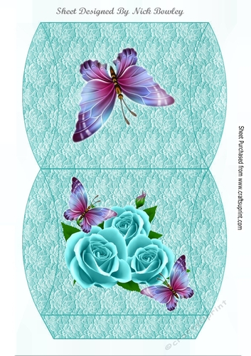 Pretty turq roses with purple butterflies on lace pillow box