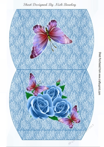 Pretty  blue roses & pink butterflies on lace pillow box