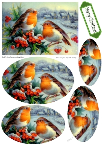 two lovely little robins with a  prettysnow village oval pyramids