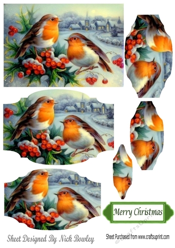 two lovely little robins with a  prettysnow village bracket pyramids pyramids