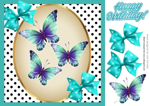 Turq polkadot Bows with butterflies 8x8