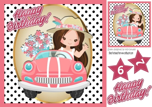 Birthday girl in pink car with flowers in polkadots 8x8