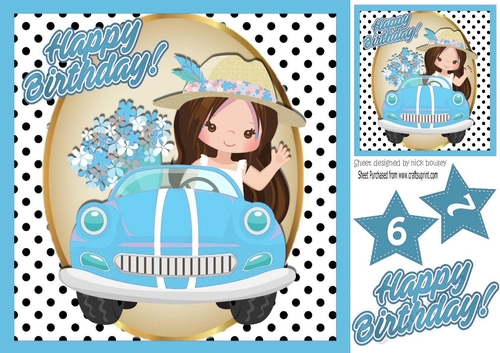 Birthday girl in blue car with flowers in polkadots 8x8