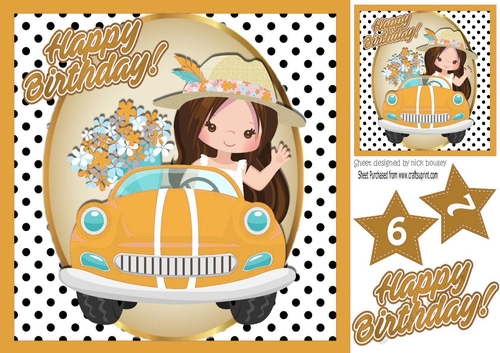 Birthday girl in gold car with flowers in polkadots 8x8